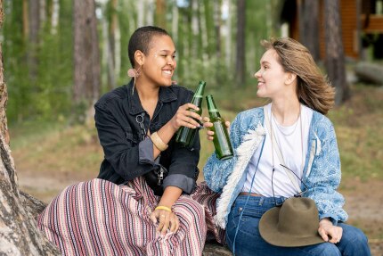 young women drinking beer